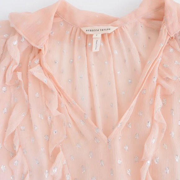 Rebecca Taylor Peach Silk Polka Dot Metallic Tie Neck Ruffle Long Sleeve Blouse2 - Picture 10 of 11